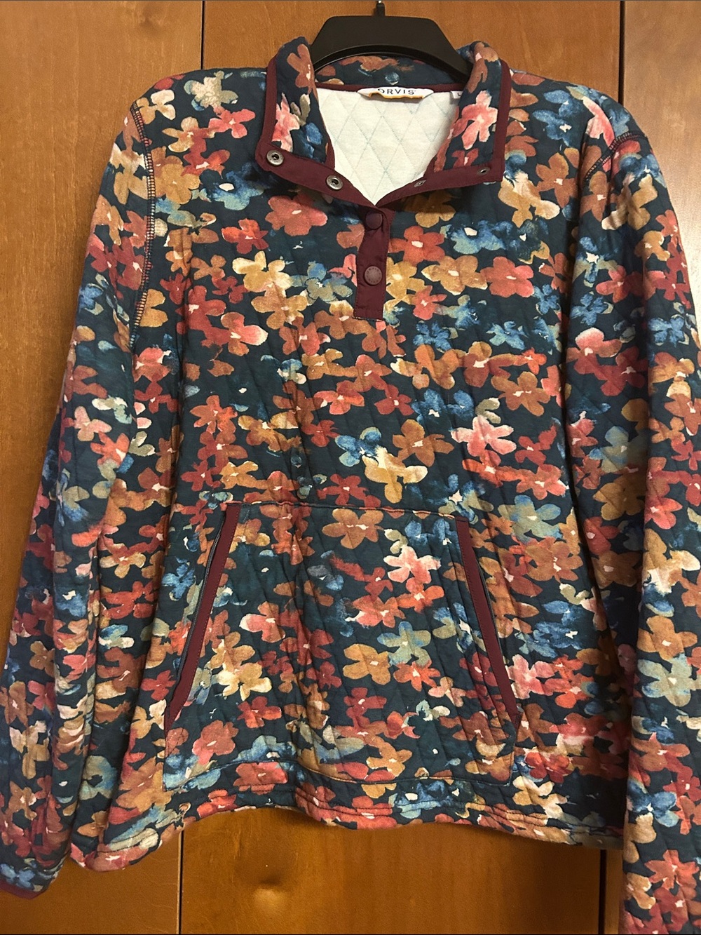Orvis Women’s Floral Quilted Pullover Sweatshirt in Navy, Rust, Mustard, Blue